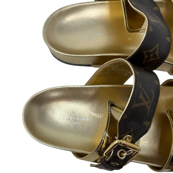 Louis Vuitton Brown Gold Buckle Bom Dia Monogram Flat Slide Sandals 37 Mule - Picture 5 of 8